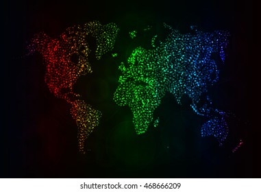 Map Illustration Icon, Gradient Color Lights Silhouette on Dark Background. Glowing Lines and Points