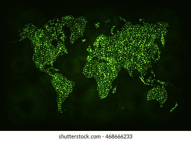 Map Illustration Icon, Lime Color Lights Silhouette on Dark Background. Glowing Lines and Points