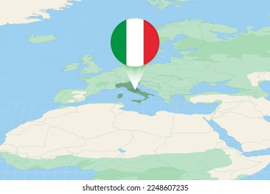 Map illustration of Italy with the flag. Cartographic illustration of Italy and neighboring countries. Vector map and flag.