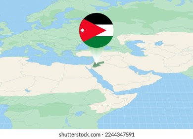 Map illustration of Jordan with the flag. Cartographic illustration of Jordan and neighboring countries. Vector map and flag.