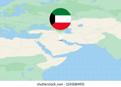 Mapa de la ilustración de Kuwait con la bandera. Ilustración cartográfica de Kuwait y países vecinos. Mapa de vectores y bandera.