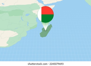 Map illustration of Madagascar with the flag. Cartographic illustration of Madagascar and neighboring countries. Vector map and flag.