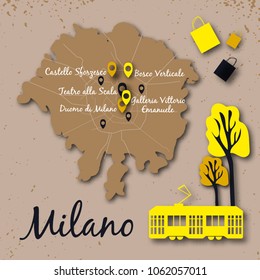 Map illustration of Milan in paper cut style
