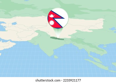 Map illustration of Nepal with the flag. Cartographic illustration of Nepal and neighboring countries. Vector map and flag.