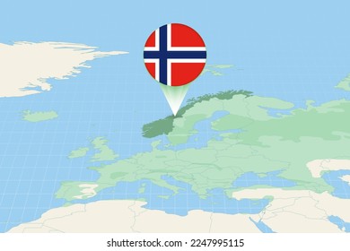 Map illustration of Norway with the flag. Cartographic illustration of Norway and neighboring countries. Vector map and flag.