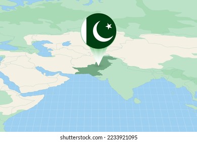 Map illustration of Pakistan with the flag. Cartographic illustration of Pakistan and neighboring countries. Vector map and flag.