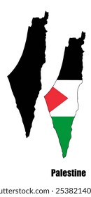 Map illustration of Palestine, featuring both a solid black silhouette and a flag-filled version. Highlights the nation’s shape and identity with vivid flag colors.