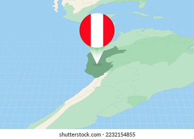 Map illustration of Peru with the flag. Cartographic illustration of Peru and neighboring countries. Vector map and flag.
