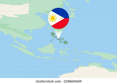 Mapa ilustrativo de Filipinas con la bandera. Ilustración cartográfica de Filipinas y países vecinos. Mapa de vectores y bandera.