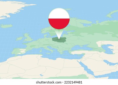 Map illustration of Poland with the flag. Cartographic illustration of Poland and neighboring countries. Vector map and flag.