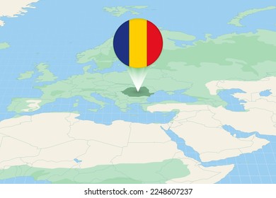 Map illustration of Romania with the flag. Cartographic illustration of Romania and neighboring countries. Vector map and flag.