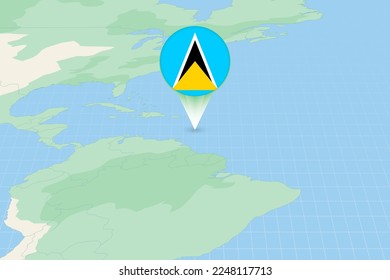 Map illustration of Saint Lucia with the flag. Cartographic illustration of Saint Lucia and neighboring countries. Vector map and flag.