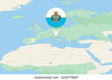 Map illustration of San Marino with the flag. Cartographic illustration of San Marino and neighboring countries. Vector map and flag.