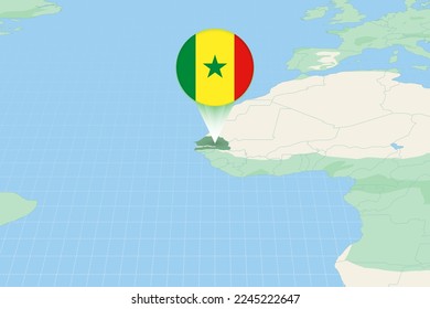 Karte Abbildung von Senegal mit der Flagge. Kartographische Darstellung von Senegal und Nachbarländern. Vektorplan und Flagge.