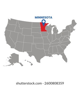 Map illustration showing Minnesota in red within the United States with a location pin identifying it, perfect for geographic and travel content.