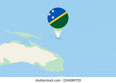 Map illustration of Solomon Islands with the flag. Cartographic illustration of Solomon Islands and neighboring countries. Vector map and flag.