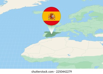 Map illustration of Spain with the flag. Cartographic illustration of Spain and neighboring countries. Vector map and flag.