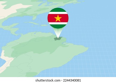 Map illustration of Suriname with the flag. Cartographic illustration of Suriname and neighboring countries. Vector map and flag.