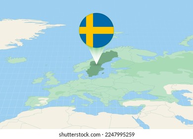 Map illustration of Sweden with the flag. Cartographic illustration of Sweden and neighboring countries. Vector map and flag.