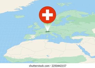 Map illustration of Switzerland with the flag. Cartographic illustration of Switzerland and neighboring countries. Vector map and flag.