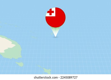 Map illustration of Tonga with the flag. Cartographic illustration of Tonga and neighboring countries. Vector map and flag.