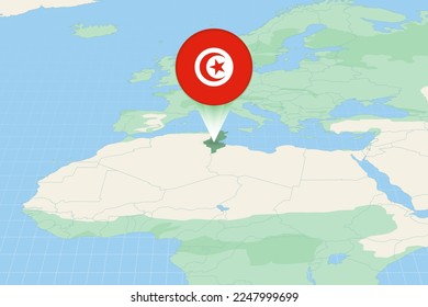 Map illustration of Tunisia with the flag. Cartographic illustration of Tunisia and neighboring countries. Vector map and flag.