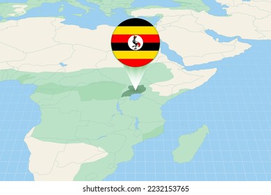 Map illustration of Uganda with the flag. Cartographic illustration of Uganda and neighboring countries. Vector map and flag.