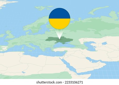 Map illustration of Ukraine with the flag. Cartographic illustration of Ukraine and neighboring countries. Vector map and flag.