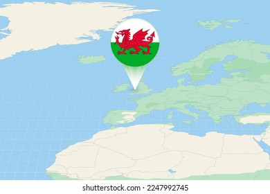 Map illustration of Wales with the flag. Cartographic illustration of Wales and neighboring countries. Vector map and flag.