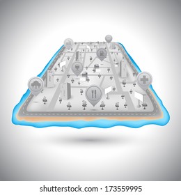 A map of an imaginary city with GPS icons and pins