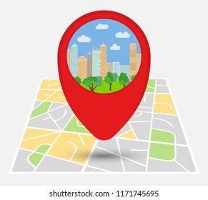 Map of an imaginary city with point on the map with skyscrapers and park. Vector illustration.
