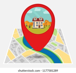 Map of an imaginary city with point on the map with a lonely house. Vector illustration.
