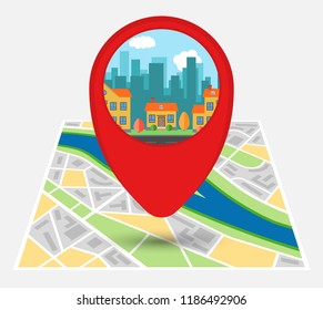 Map of an imaginary city with point on the map with houses in the background of skyscrapers. Vector illustration.
