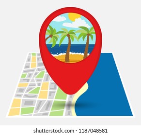 Map of an imaginary city with point on the map with sandy beach. Vector illustration.