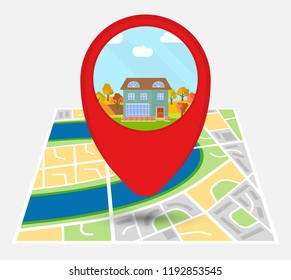 Map of an imaginary city with point on the map with a lonely house. Vector illustration.

