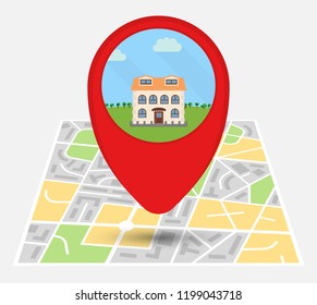 Map of an imaginary city with point on the map with a lonely house. Vector illustration.