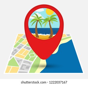 Map of an imaginary city with point on the map with sandy beach. Vector illustration.
