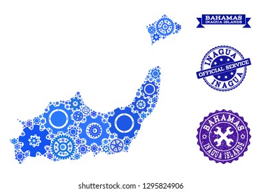 Map of Inagua Islands designed with blue cog symbols, and isolated scratched stamps for official repair services.