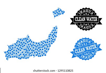 Map of Inagua Islands vector mosaic and clean water grunge stamp. Map of Inagua Islands created with blue water drops. Seal with grunge rubber texture for clear drinking water.