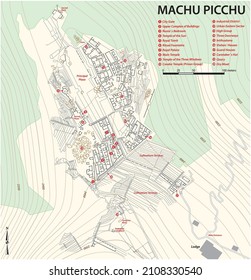 Map of the Inca Ruin City Machu Picchu, Cusco, Peru 