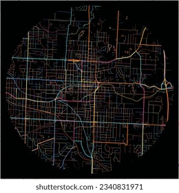 Map of Independence, Missouri with all major and minor roads, railways and waterways. Colorful line art on black background.