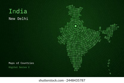 A map of India, Bharat depicted in zeros and ones in the form of a circle. The capital, New Delhi, is shown in the center of the circle