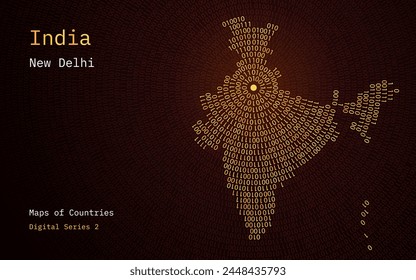 A map of India, Bharat depicted in zeros and ones in the form of a circle. The capital, New Delhi, is shown in the center of the circle