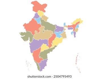 Map of India by region in different colors. Vector illustration.