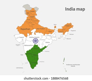 Mapa de la India en los colores de la bandera con vector de divisiones administrativas