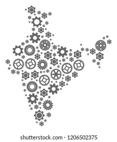 Map of India composed with gray engine symbols. Vector abstract mosaic of map of India with mechanics symbols. Engineering flat design for service purposes.