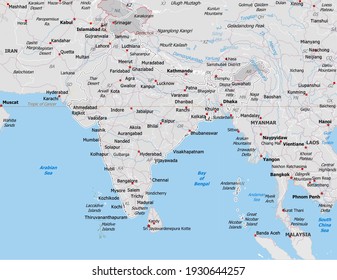 Map of India. Map is drawn in high detail and for clarity shows only major cities. Country is drawn with neighboring countries.
