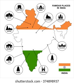 Map of India. Famous places in India