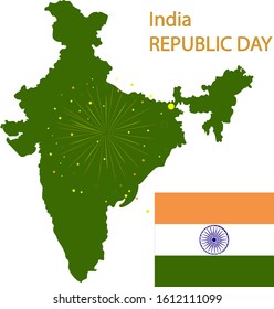 Map of India, Flag of India, fireworks.The concept of the feast of the Republic.Vector illustration for your business.
