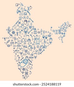 Map of India formed by icons related to medicine and healthcare system. SUS. Public healthcare. Asia